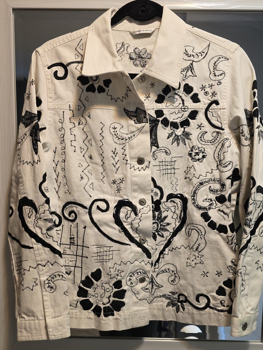Laura Ashley White Jacket with Black Embroidered Designs